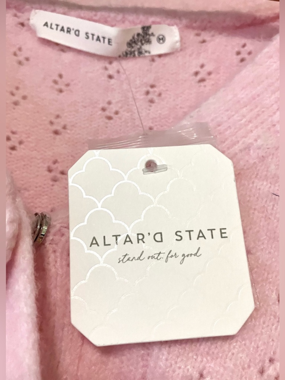 Altar'd State Light Pink Cropped Knit Cardigan with Rose Buttons: Medium - Picture 5 of 6